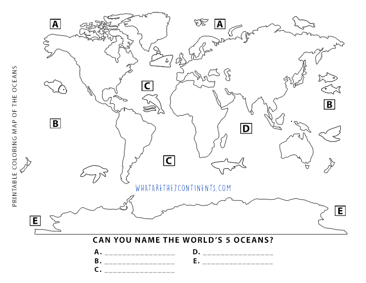 printable 5 oceans coloring map for kids the 7 continents of the world